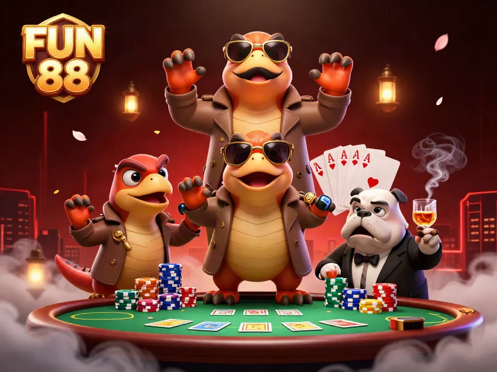 Experience FUN 88 as raptors confront a bouncer at a vibrant casino entrance, illustrating playfulness.