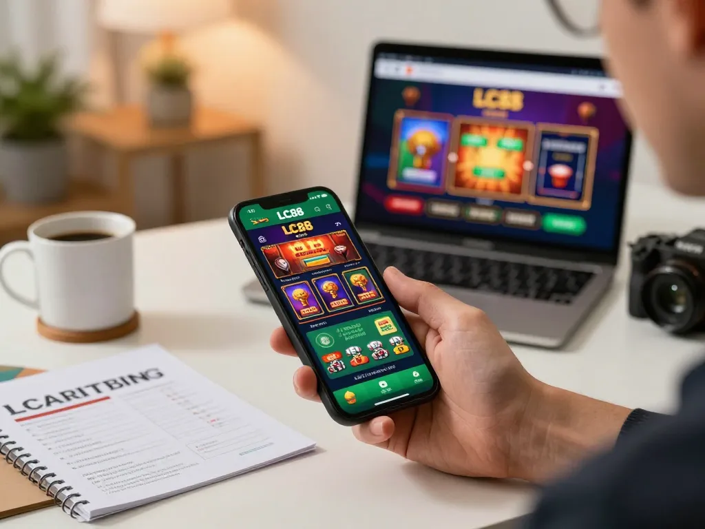 Engaging with Đăng nhập LC88 online casino app from a stylish home office setting, showcasing vibrant game display.