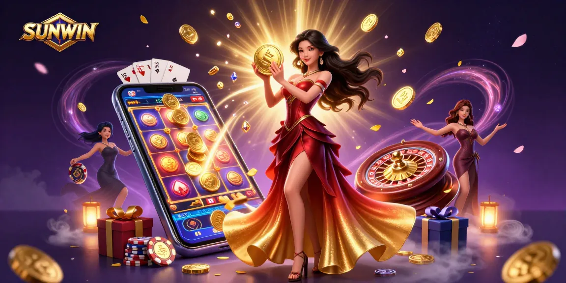 SUNWIN captures excitement with a stunning woman holding a golden coin amidst a vibrant casino setting.