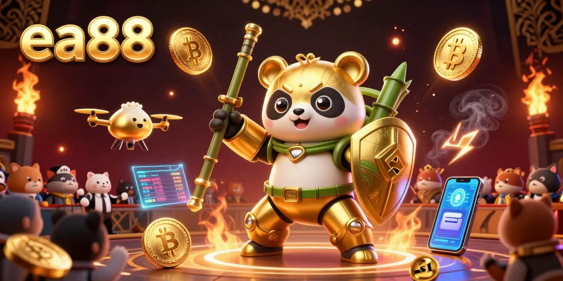 Experience the excitement of ea88 with a 3D golden panda pilot battling in a vibrant gambling arena.