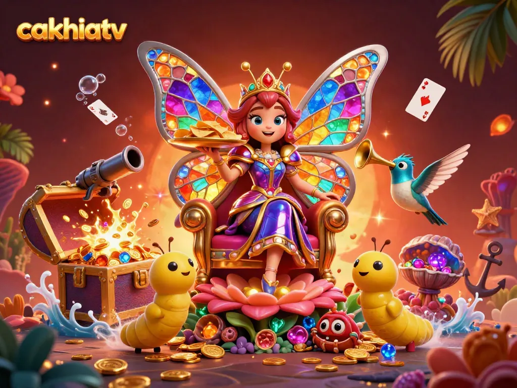 Experience the excitement of cakhiatv with vibrant gaming visuals featuring a butterfly queen and treasure elements.