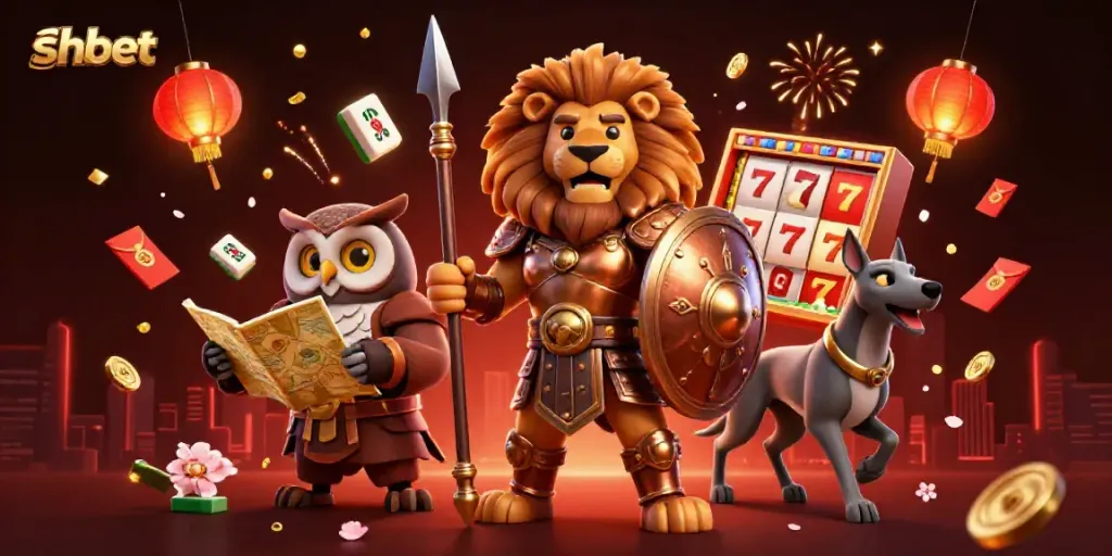 Experience the thrill of SHBET with a vibrant 3D illustration featuring a Spartan lion amidst casino elements.