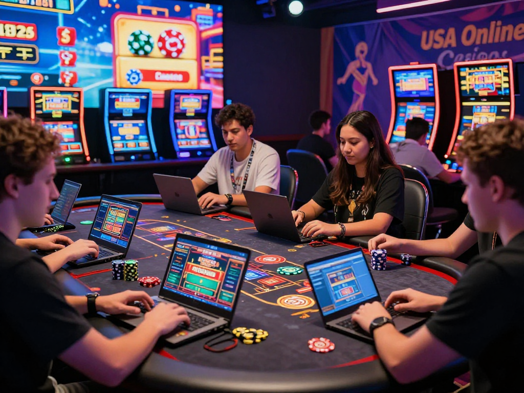 Excited players enjoying USA online casinos on laptops and mobile devices in a vibrant casino setting.