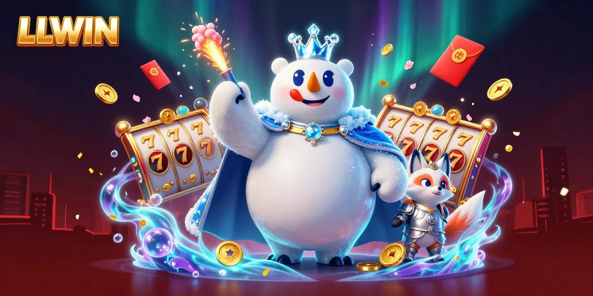 Experience the thrilling environment of LLWIN with an enchanting scene featuring iconic characters, slot reels, and festive elements.