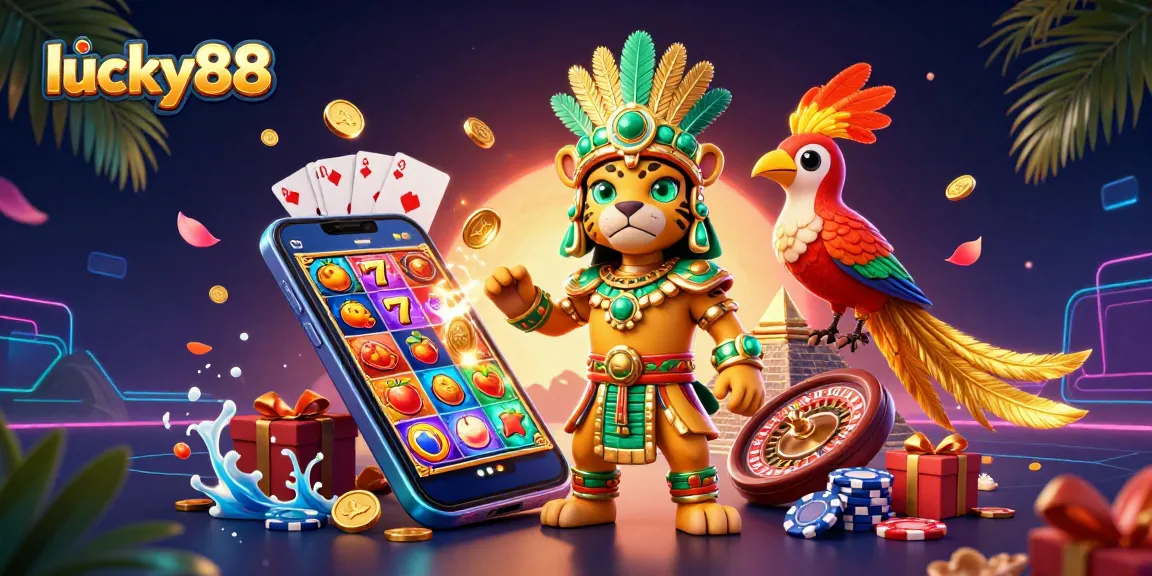 Experience thrilling wins at lucky88 with vibrant slots, golden coins, and Mayan stylized characters.