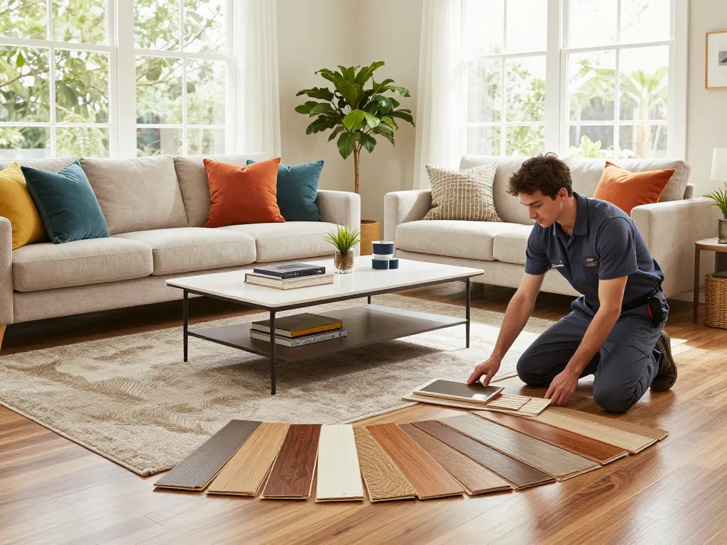 Stylish living room with new flooring, showcasing flooring specialists near me enhancing home design through expert advice.