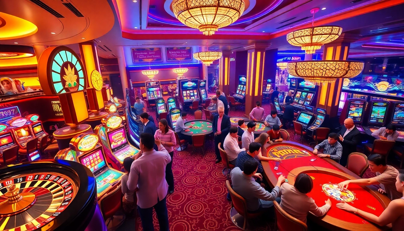 Players enjoying a thrilling gaming experience at the 789P casino floor with vibrant slot machines and roulette.