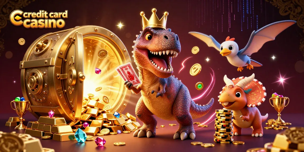 Enjoy gaming in this credit card casino where a T-Rex shuffles cards as treasures burst around!