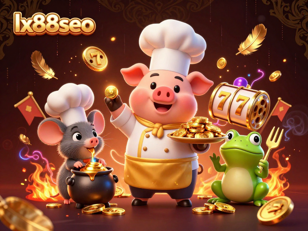 Win big with lx88seo as a pig chef, mouse, and frog explore a vibrant casino!
