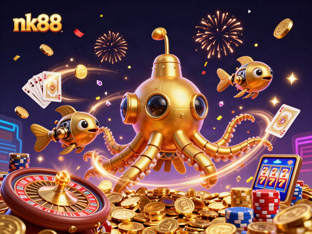 Engage with nk88 in a vibrant casino scene featuring a golden kraken and immersive game elements.