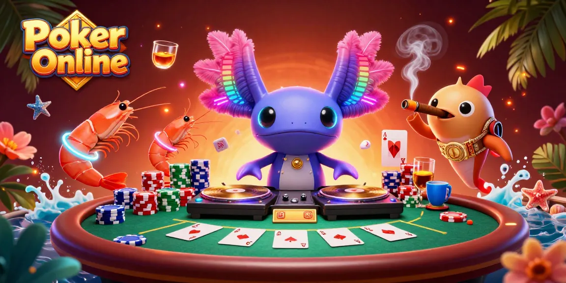 Engage in Poker Online with vibrant axolotl DJ and lively gaming elements in a dynamic casino scene.