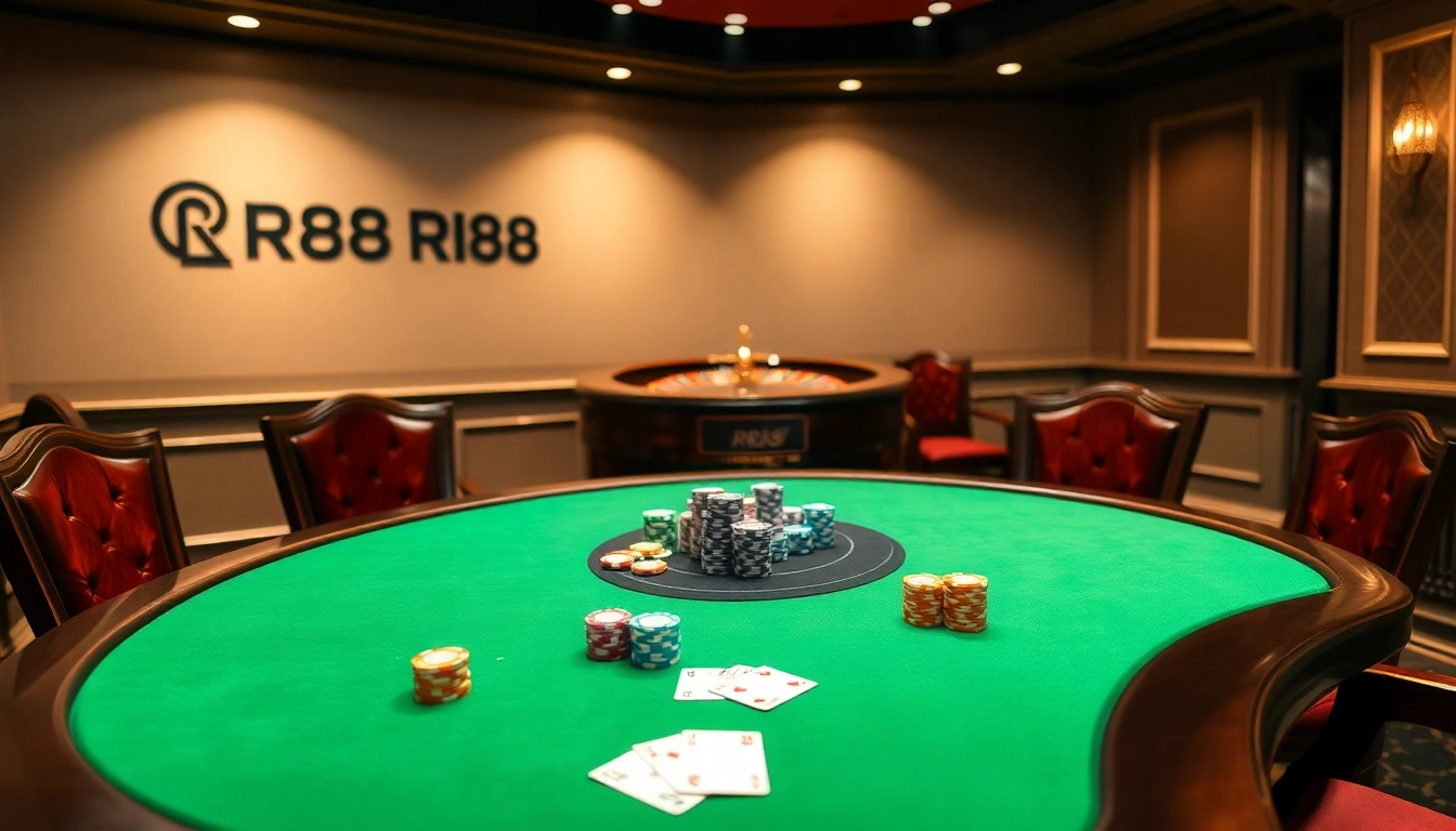 An exciting gaming scene showcasing Nhà Cái RR88 poker table with chips and cards in a luxurious casino.