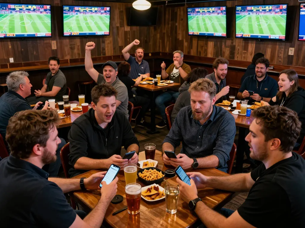 Engaged bettors placing wagers on kèo nhà cái hôm nay at a lively sports betting bar, showcasing dynamic social excitement.