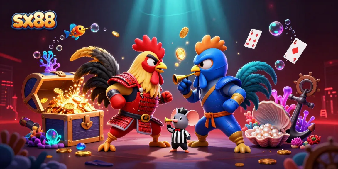 Experience sx88's thrilling cockfight showdown with vibrant treasures and dynamic casino elements.