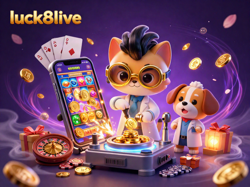 luck8live sparks excitement with a dynamic scene of gaming characters and vibrant elements reflecting casino thrills.