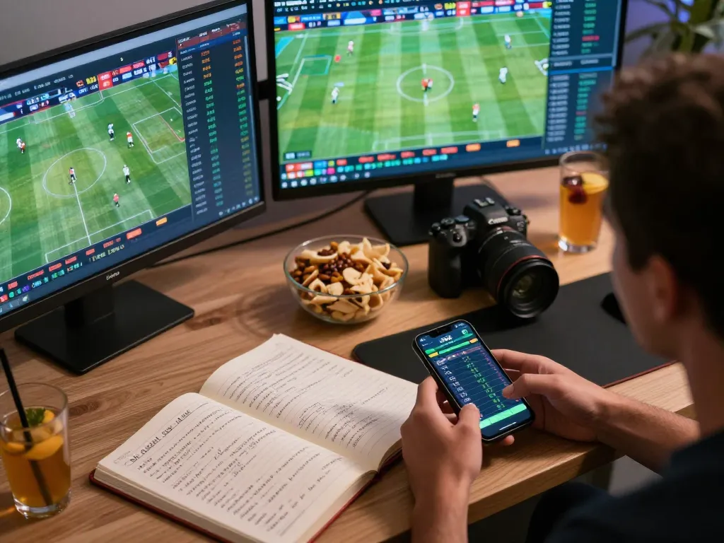 Situs parlay action with sports betting setup featuring multiple screens and analysis tools for better odds.