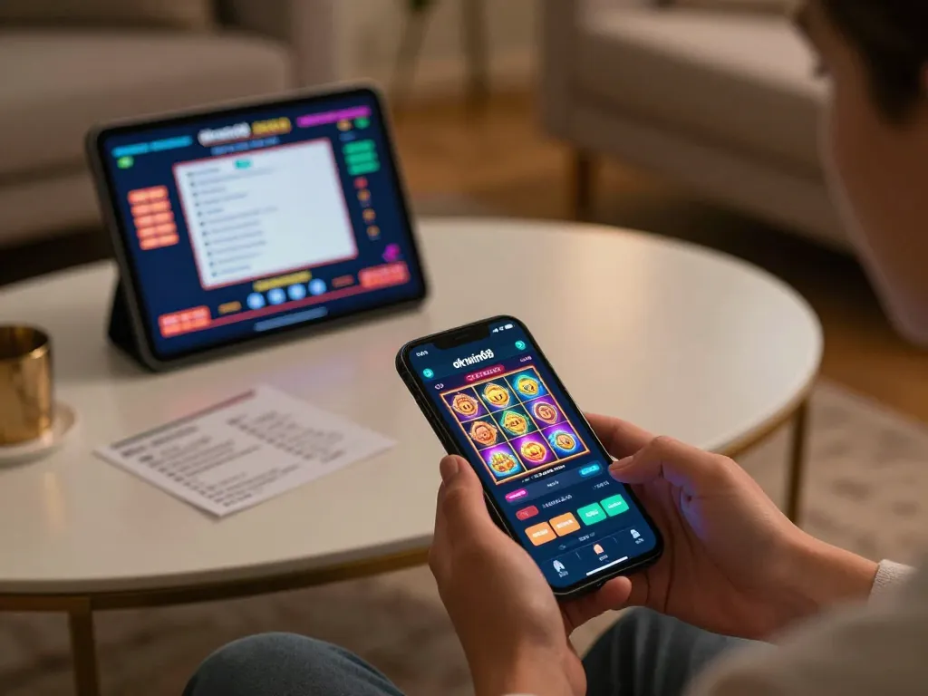 Person enjoying the okwin68 app on their smartphone while gaming at home, vibrant slot visuals present.
