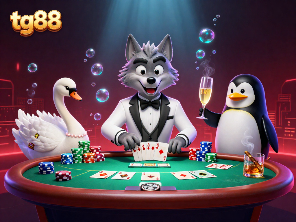 Experience thrilling baccarat at tg88 with an engaging 3D scene featuring a debonair wolf, swan dealer, and penguin sommelier.