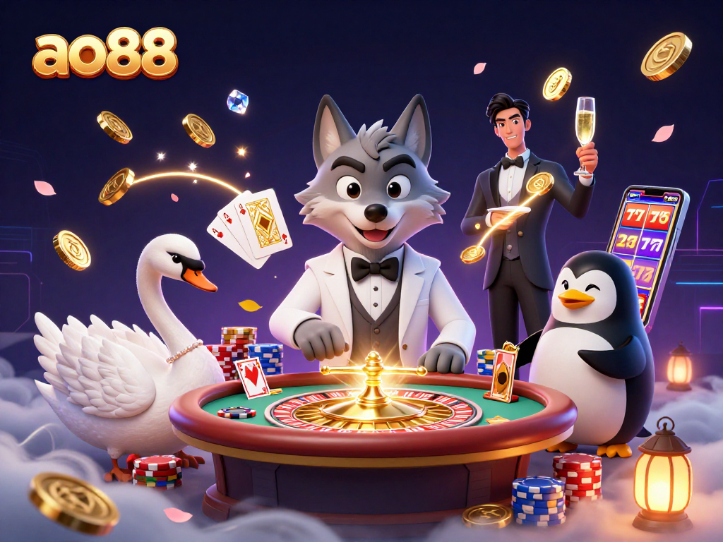 Experience high-stakes gaming excitement at ao88 with vibrant casino elements and engaging characters.