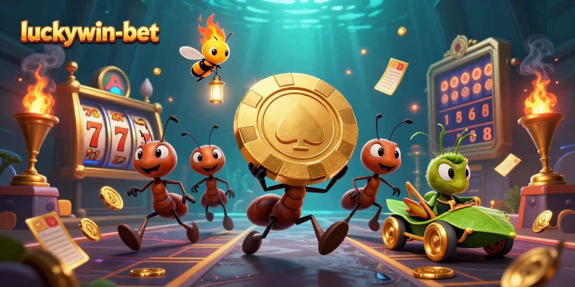 Experience thrilling gameplay at luckywin-bet featuring ants on a heist with a giant poker chip amidst vibrant casino elements.