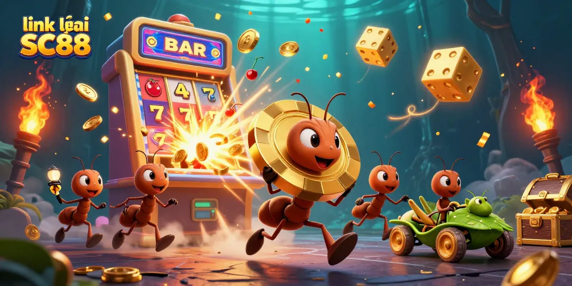 Boost your gaming with a fun scene showing a team of ants on a heist carrying a golden poker chip while highlighting link vào SC88.