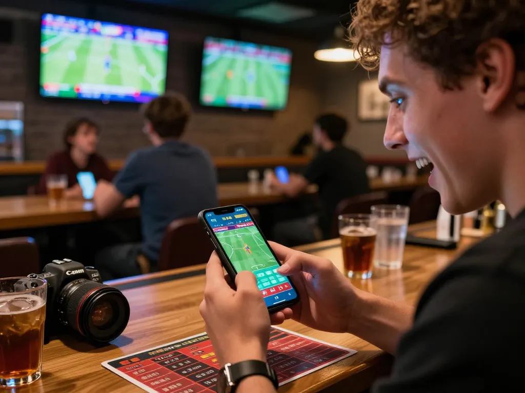 Cakhia TV user actively placing sports bets on a smartphone in a lively sports bar atmosphere.