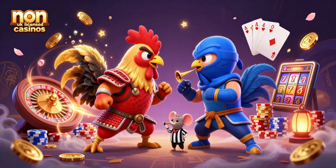 Experience non uk licensed casinos with thrilling animated roosters, coins, and vibrant gaming elements.