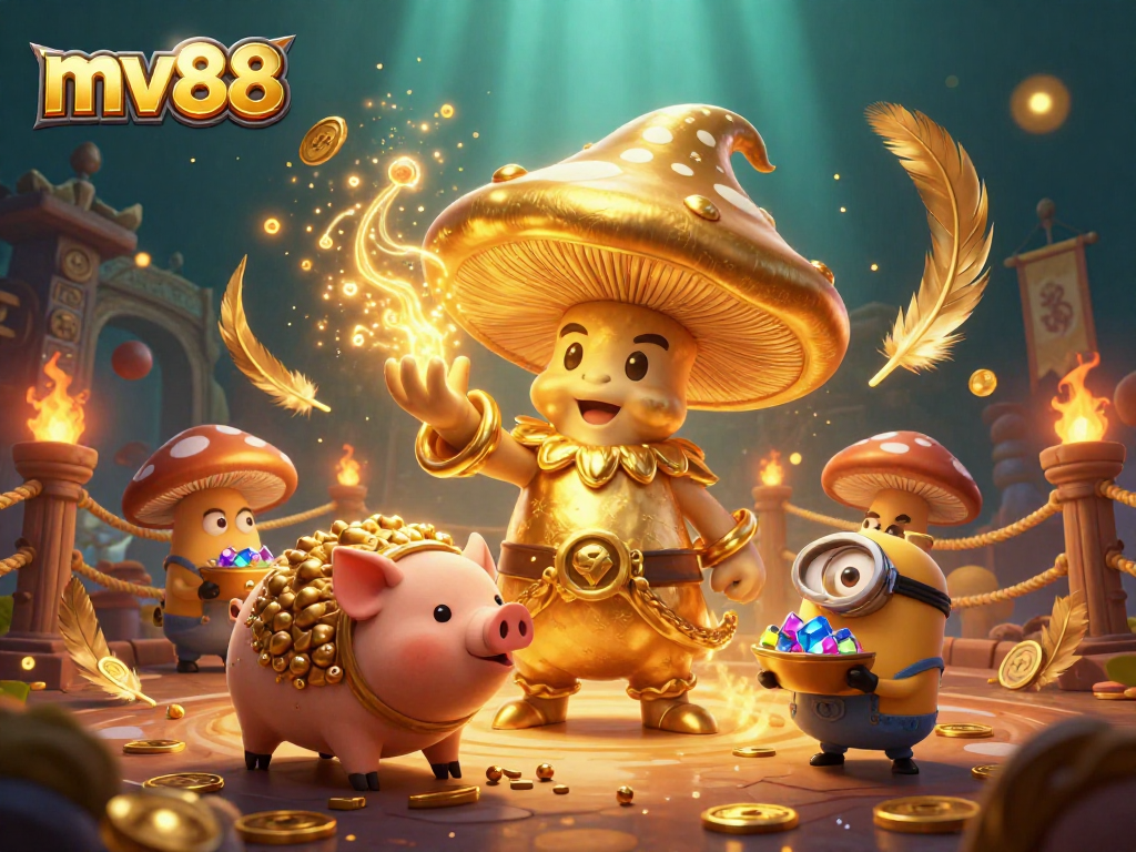 Experience the magic of mv88 with enchanting characters surrounded by vibrant casino elements and gold.
