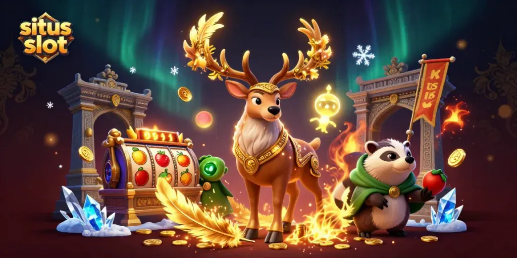 Explore exciting situs slot angles with a dynamic 3D scene featuring a druid stag, badger, and casino elements.