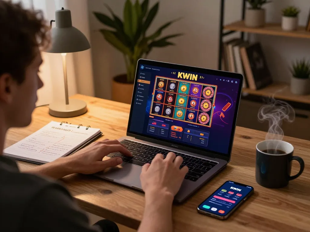 Kwin online gaming setup showcasing a player engaged with the casino interface and strategic notes.
