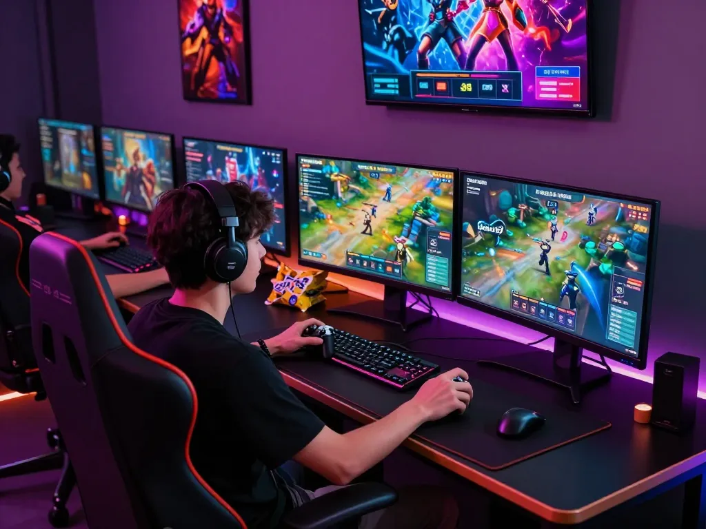 Engaging gaming scene showcasing Onbet.com games, highlighting a modern setup with colorful LED lights.