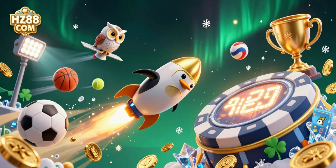 Experience thrilling gameplay at HZ88 COM with a vibrant 3D illustration featuring casino and sports elements.