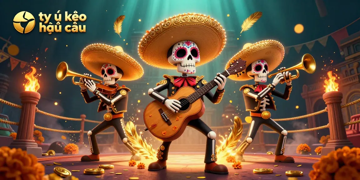 Engage with the dynamic 3D scene depicting tỷ lệ kèo nhà cái amidst vibrant mariachi skeletons and betting elements.