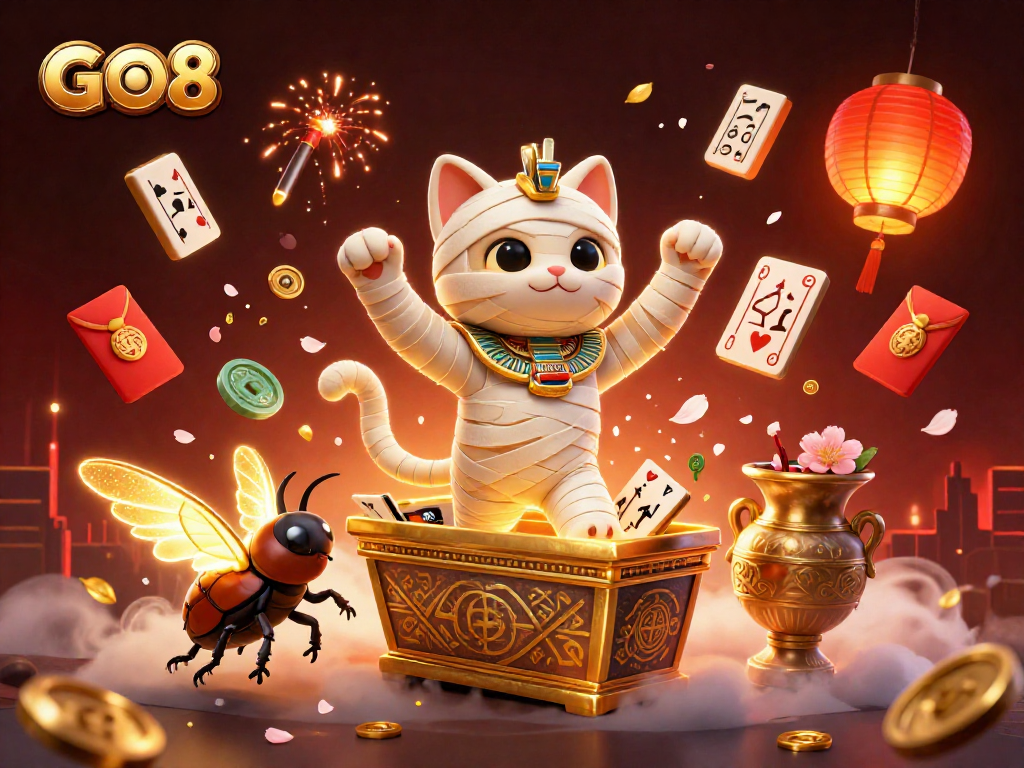 Experience vibrant gaming with GO8 in an intricate pyramid casino scene full of excitement.