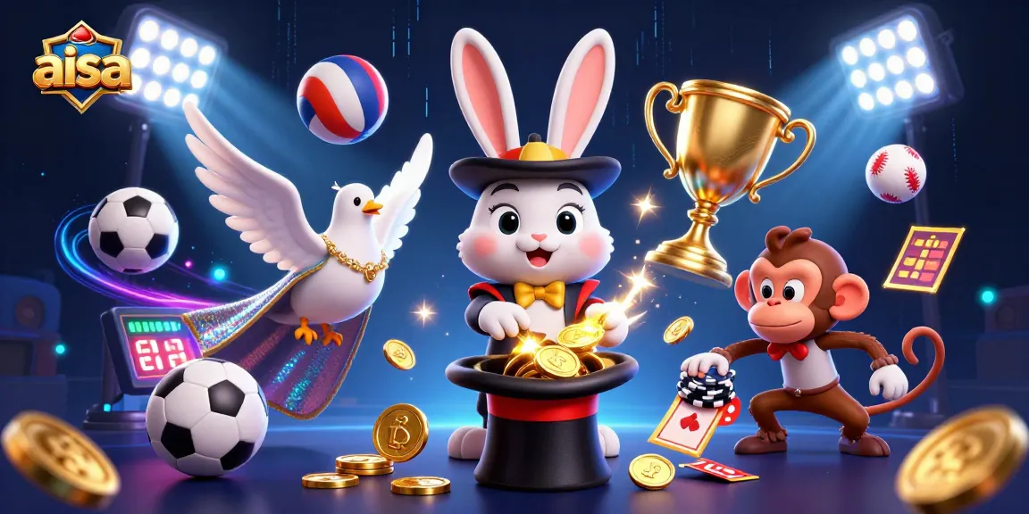 Engage with aisa in this vibrant 3D casino scene featuring a magician rabbit, assistant dove, and a monkey.