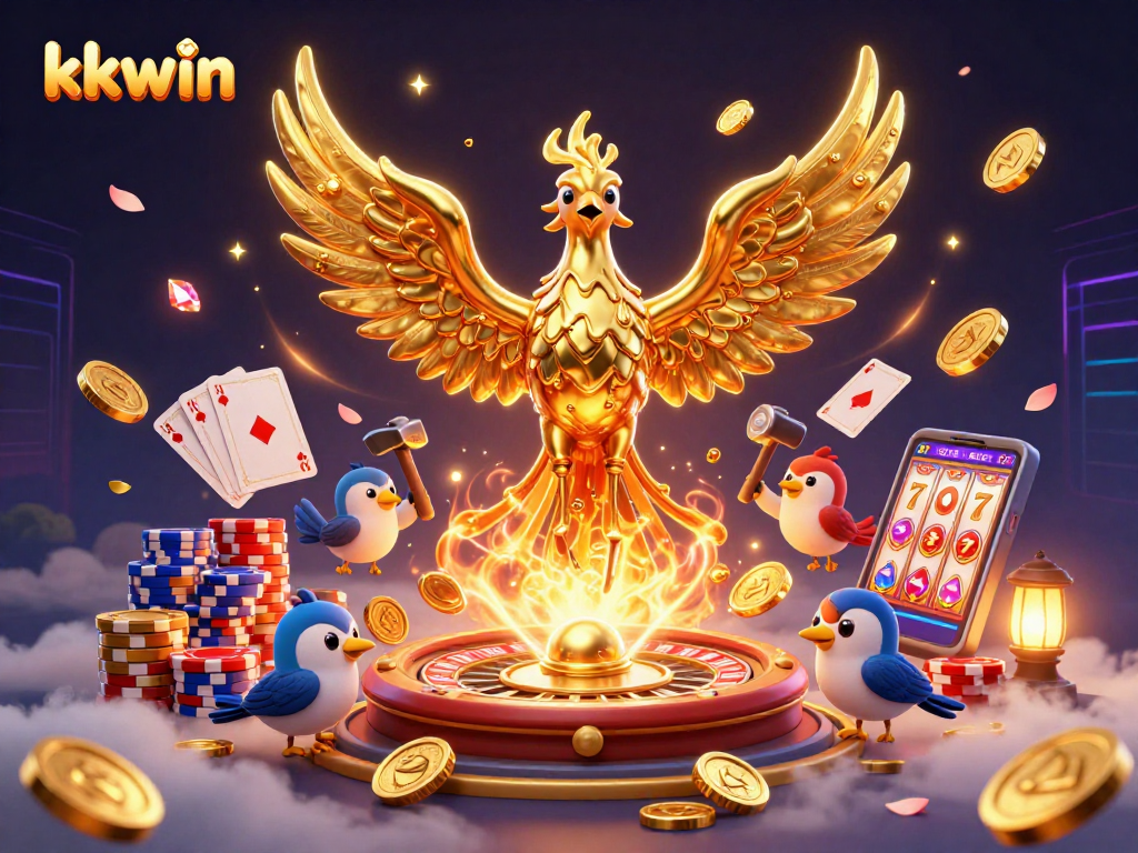 Engage in thrilling experiences with kkwin, featuring a molten golden phoenix and casino elements.