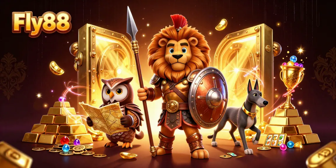 Experience thrilling gameplay with Fly88 featuring a stunning 3D Spartan lion surrounded by treasures and winning symbols.