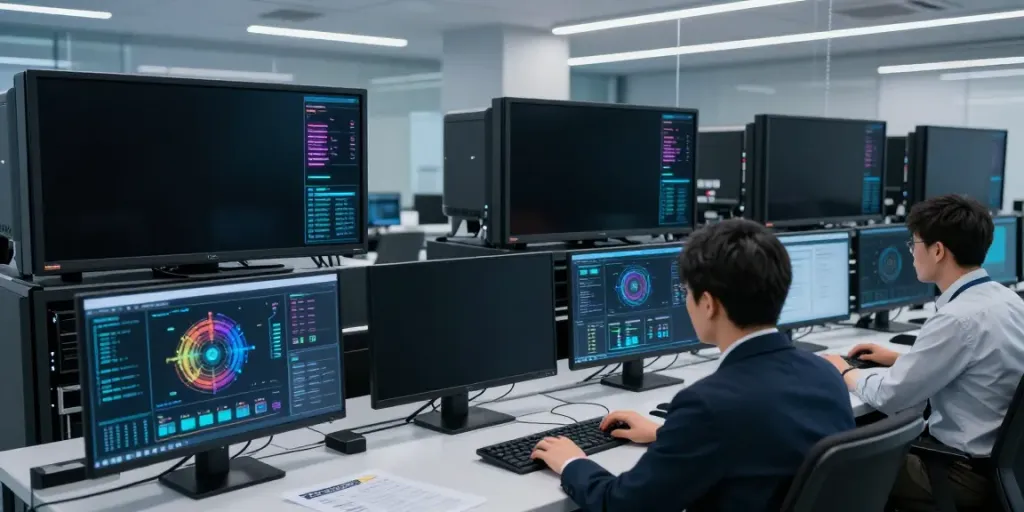 Network VA in a modern data center with IT professionals monitoring cybersecurity dashboards.