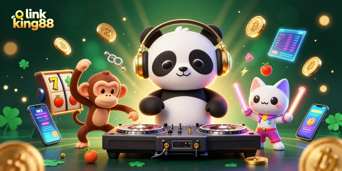 Play exciting slots at link king88 with dynamic cartoon characters amidst vibrant casino elements.