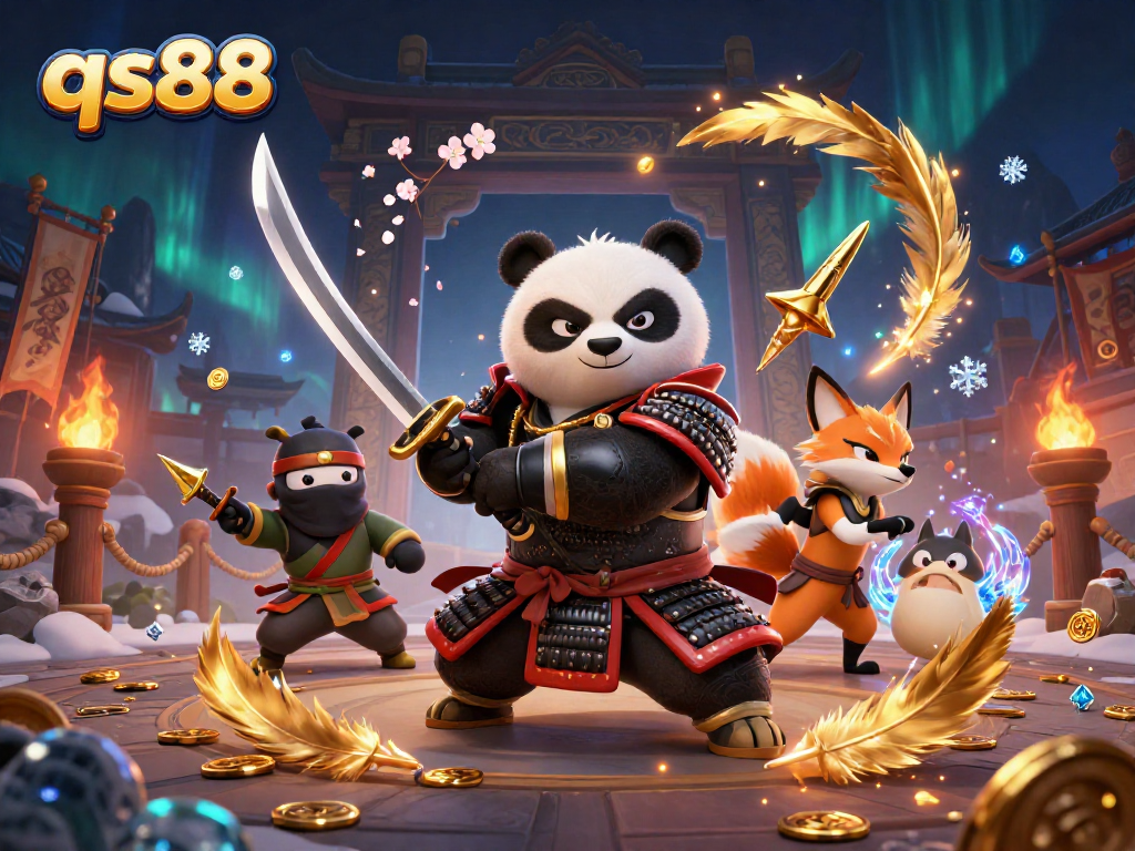 Experience the thrilling gameplay of qs88 with samurai panda and ninja fox in an energetic casino battle.