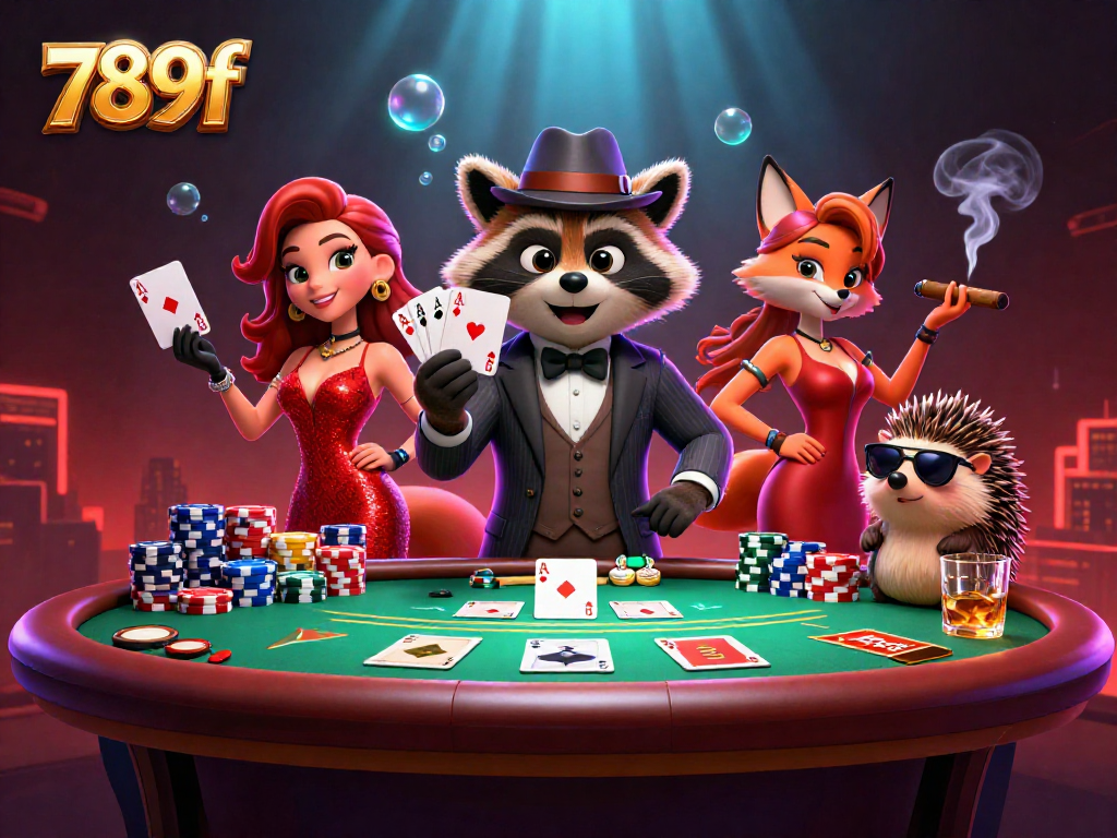 Engage in excitement at 789f's casino with a suave raccoon, a charming fox, and a bouncer amidst thrilling poker elements.