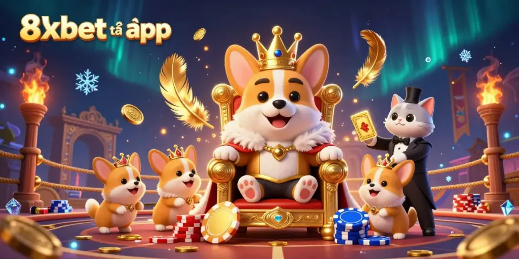 Experience the fun and excitement of 8xbet tải app with a royal corgi on a poker chip throne.
