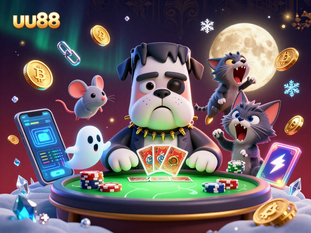 Experience thrilling gambling at uu88 with unique characters and crypto elements in a captivating 3D illustration.