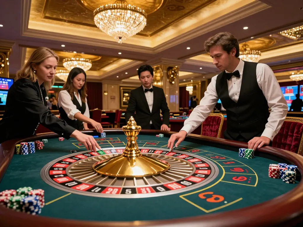 Experience the excitement of max88 at a roulette table with players and croupier.