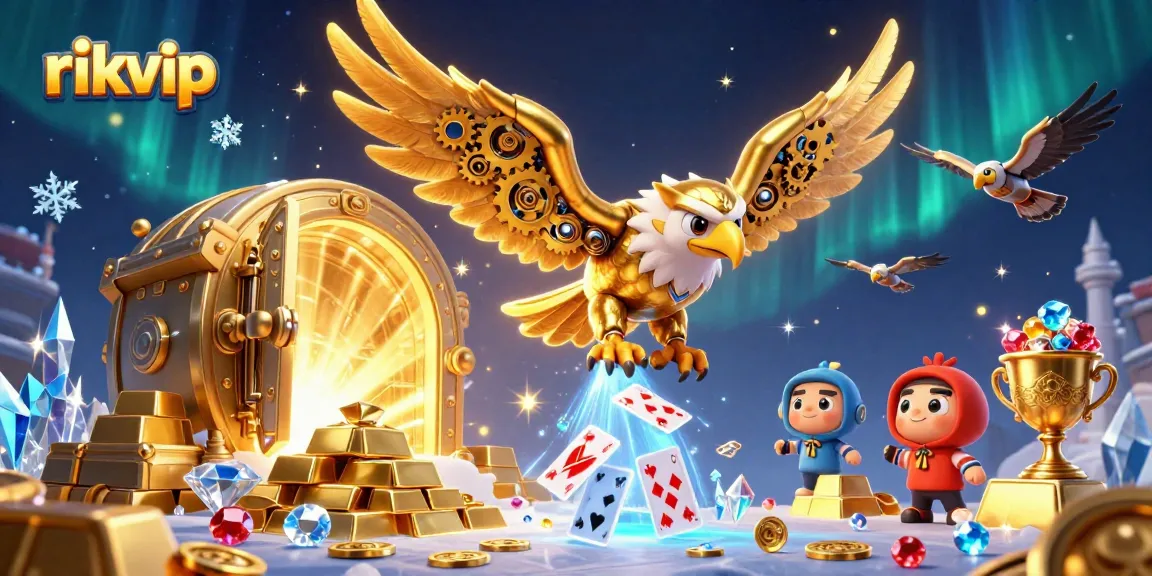 Engage in thrilling gameplay at rikvip with a 3D golden eagle and sparkling casino treasures.