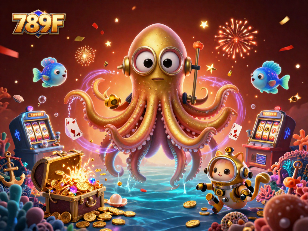 Experience the thrill of winning at 789F with vibrant gaming elements and excitement surrounding the colossal kraken.
