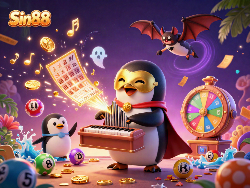Experience the thrill of Sin88 with vibrant lottery elements and a whimsical casino scene.