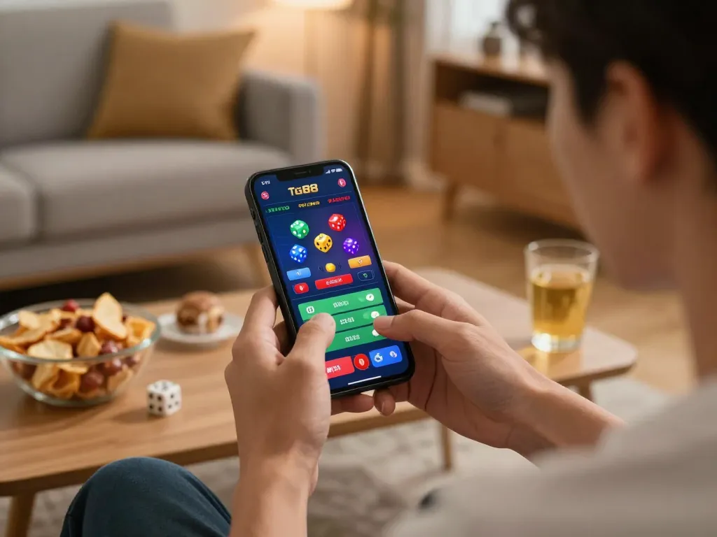 Player using tg88 app for mobile betting during a cozy home gaming session.
