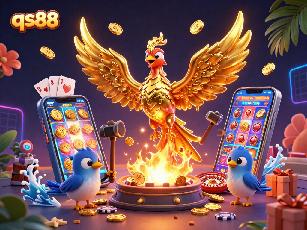 Experience thrilling gameplay with qs88 featuring a golden phoenix and vibrant casino elements.