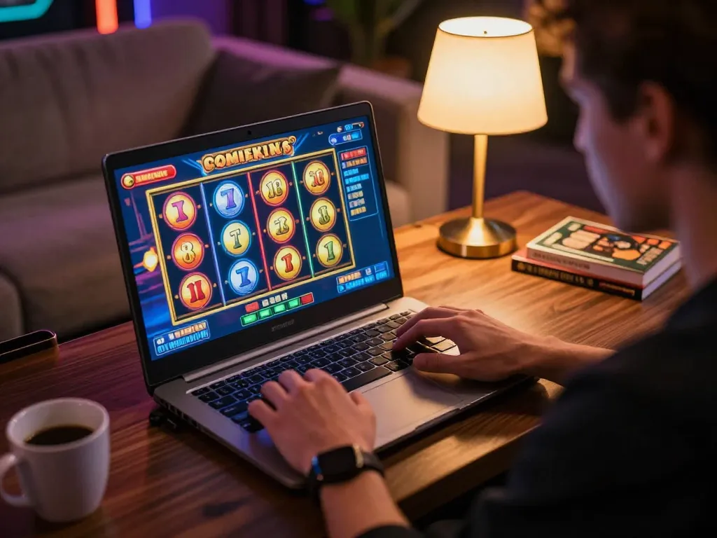 Excited player spinning F168 slot reels on a laptop in cozy home gaming environment